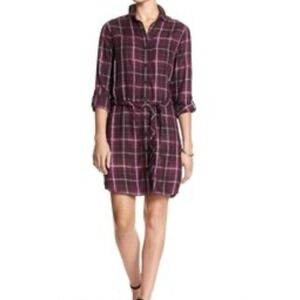 Banana Republic Plaid Shirt‎ Dress Long Sleeve Belted Size 12 Burgundy